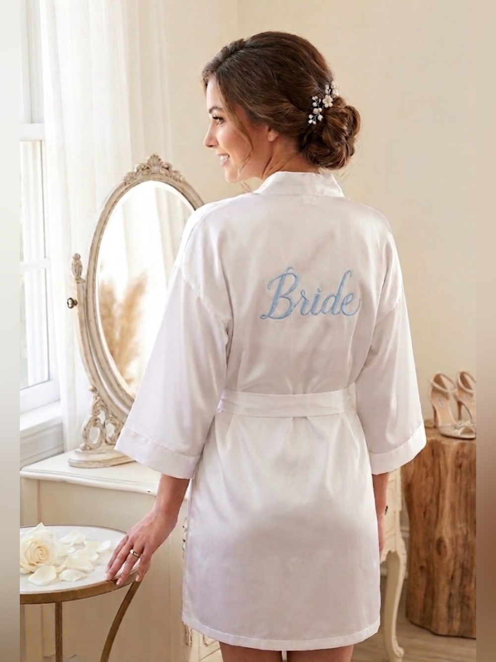BRIDE White Silky Embroidered Robe